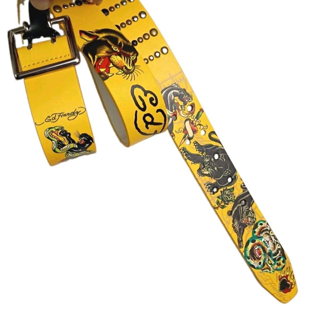Ed Hardy Panther Snake Studded Belt Yellow Y2K Tattoo Art